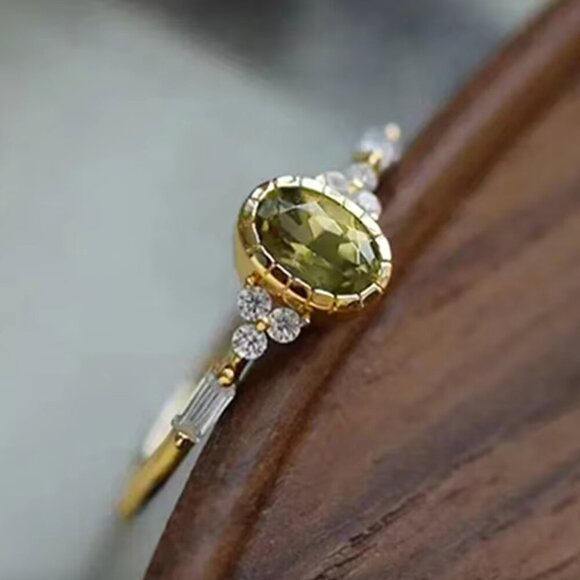 14k Gold Dainty Oval Cut Peridot Diamond Ring Band - Picture 4 of 6